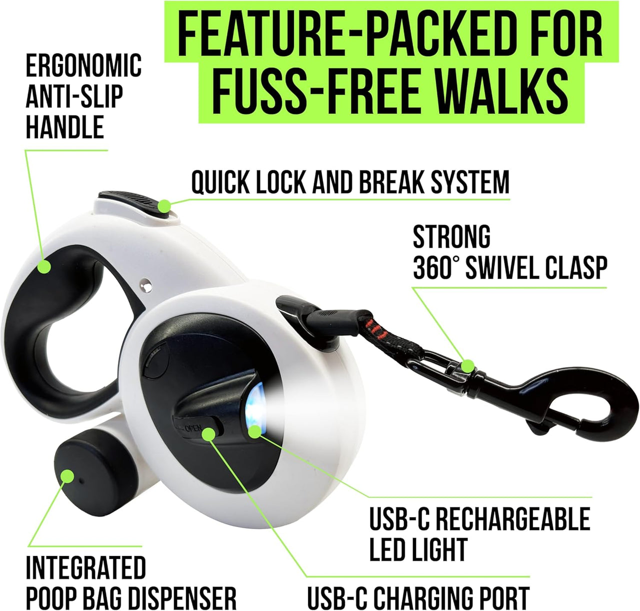 AVANTO Retractable Dog Leash with Flashlight – 16ft Heavy Duty LED Night Safety Leash